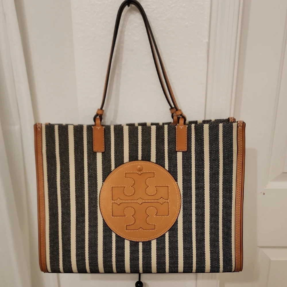 Tory Burch Striped Ella Tan and Black Tote Bag - Picture 2 of 11